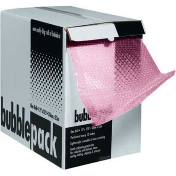 The Packaging Wholesalers Perforated Anti-Static Bubble Roll W/Dispenser, 12"W x 175'L x 3/16" Thick, Pink CBD31624AS